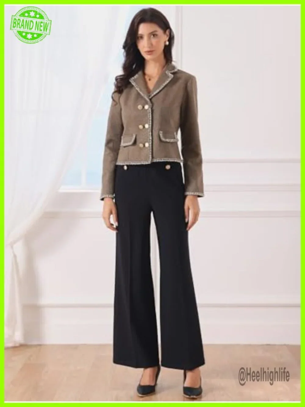 Vintage Tweed Cropped Blazer Double Breasted Long Sleeve Notch Collar Faux